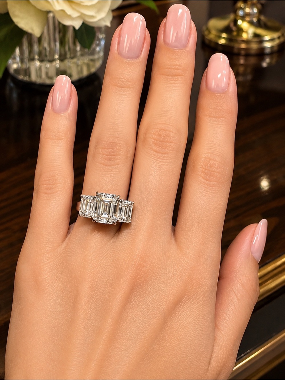 Emerald-Cut Trio Moissanite in 925 Sterling Silver Band